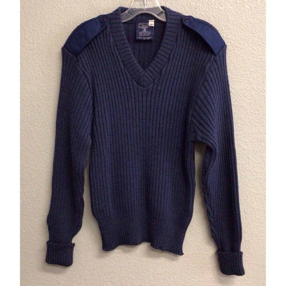 Citadel Military Ribbed Sweater Mens 40” Blue V Neck Virgin Wool Elbow Patch